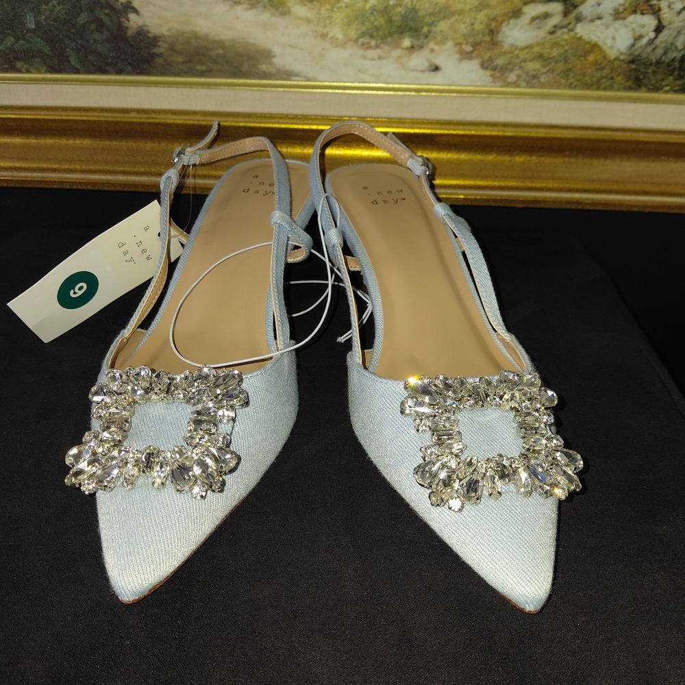 a new day Light Blue Pointed Slingback Flats with Crystal Square Buckle